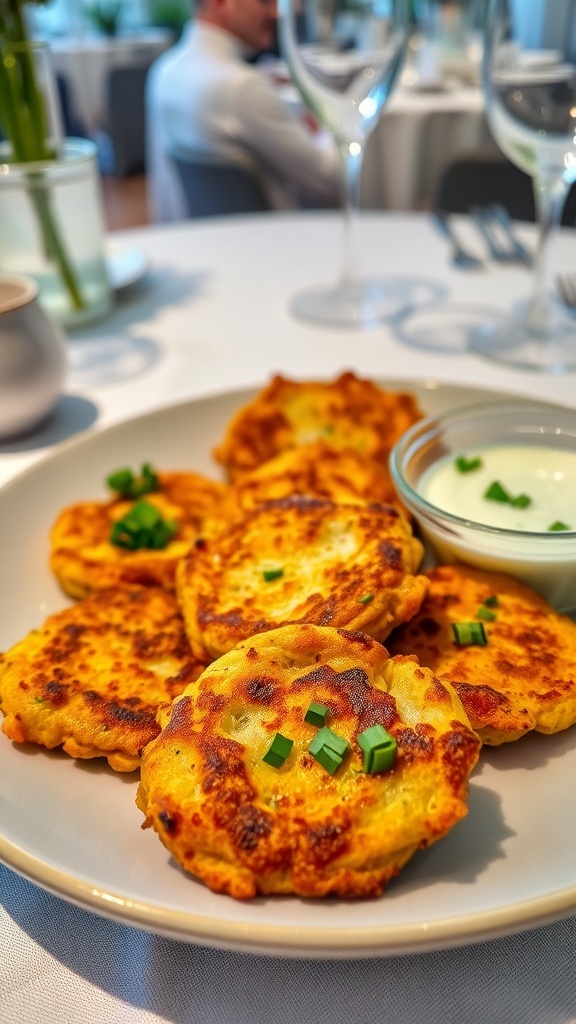 Golden brown vegetable fritters garnished with herbs, served with dipping sauce on an elegant dining table.